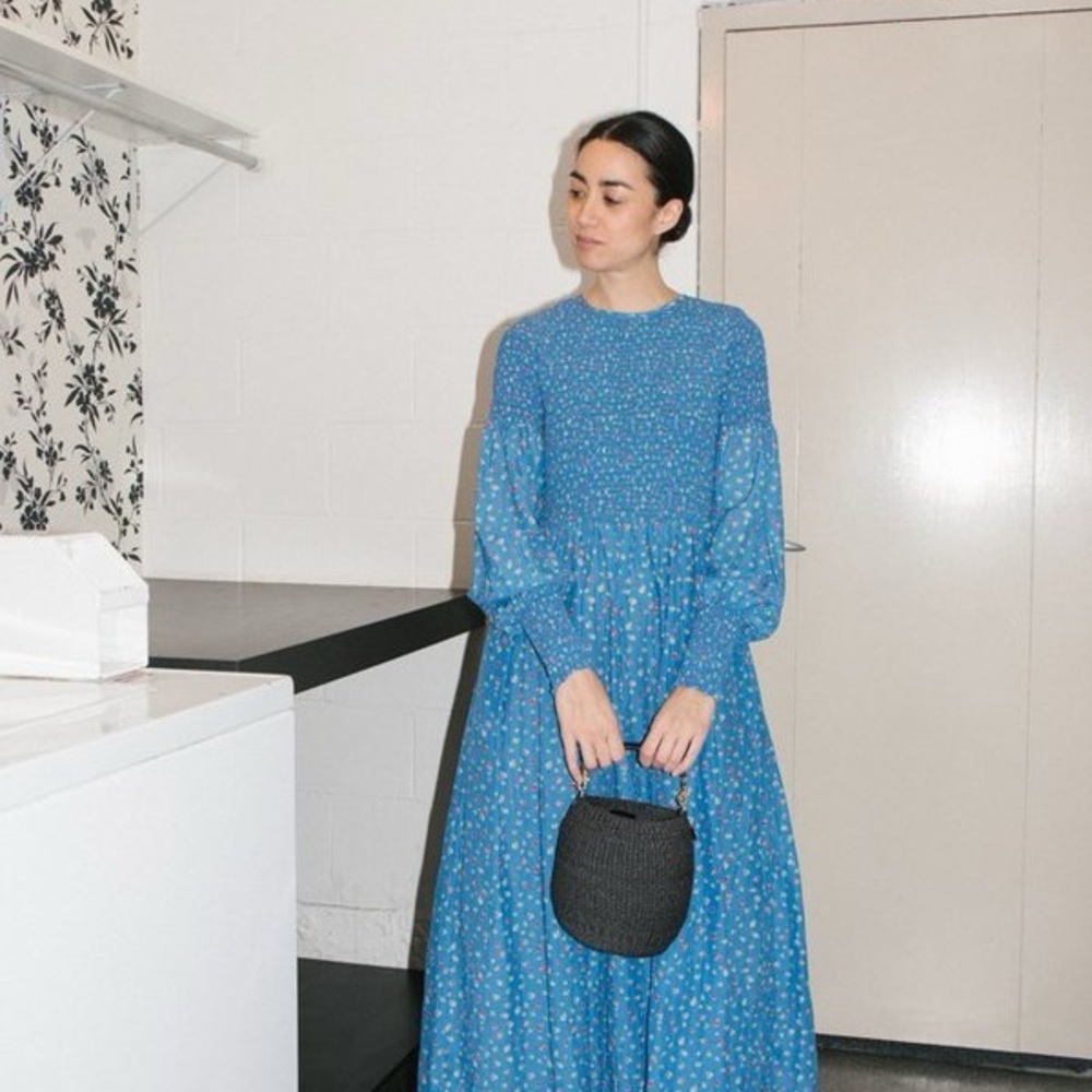 Ganni Blue Floral Shirred Marina Beacon Cotton Maxi Dress